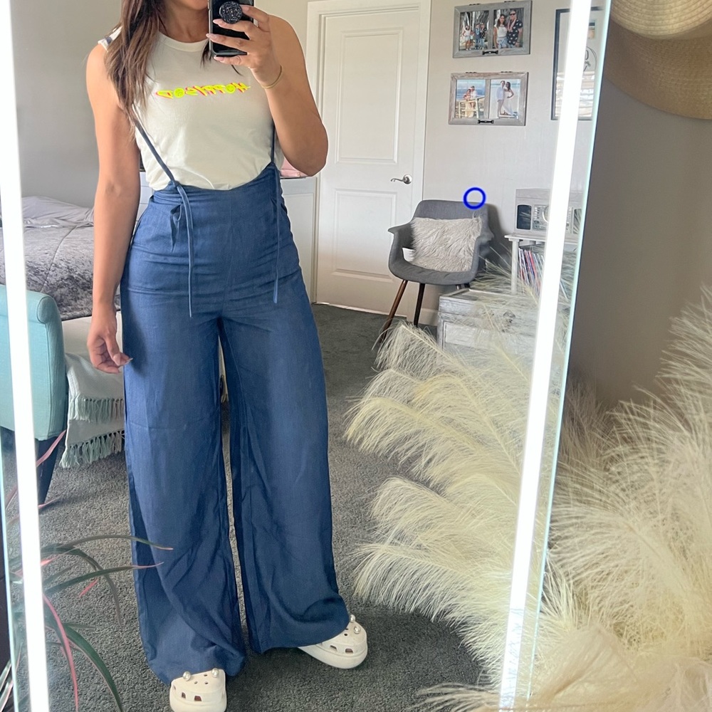 SHEIN Small X Love Sadie Solid Wide Leg Suspender Jumpsuit Navy Blue